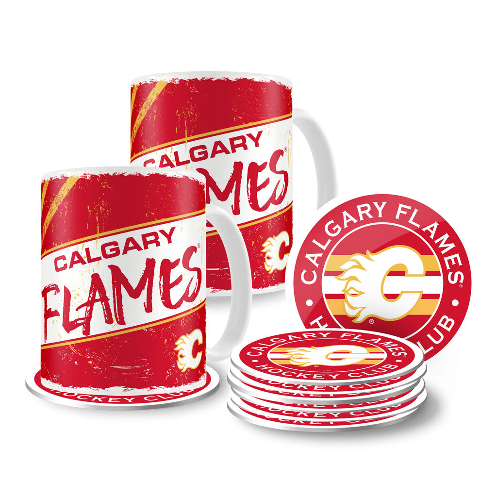 Calgary Flames 15oz Classic 2 Pack Mug Set with 8 Pack Coasters - Sports Decor