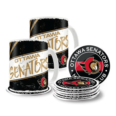 Ottawa Senators 15oz Classic 2 Pack Mug Set with 8 Pack Coasters - Sports Decor